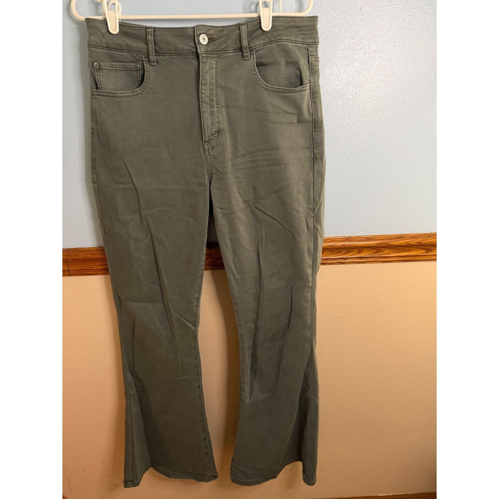 American Eagle Super Hi-Rise Flare Olive Green Stretch Pants Size 12 Regular